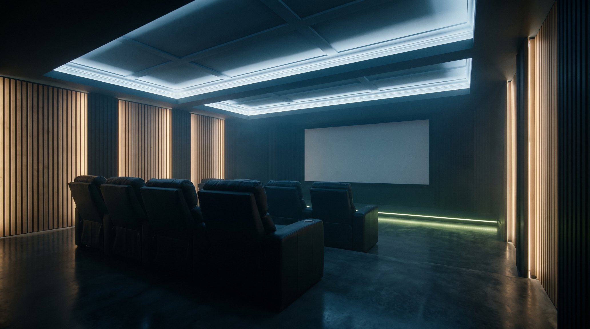 A media room lit by Casambi lighting, controlled from a Control4 keypad through Kodaa One